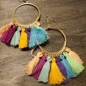 Gold Hoop earrings with colorful mini tassels